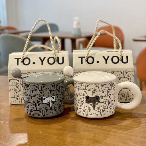 Cat Ceramic Mug with Cover & Spoon (Free Gift box)